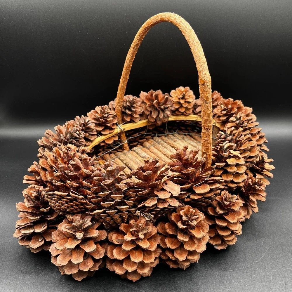 Handmade Pinecone Basket Rustic Woodland Twig Base Natural Wood Handle 14x10 in